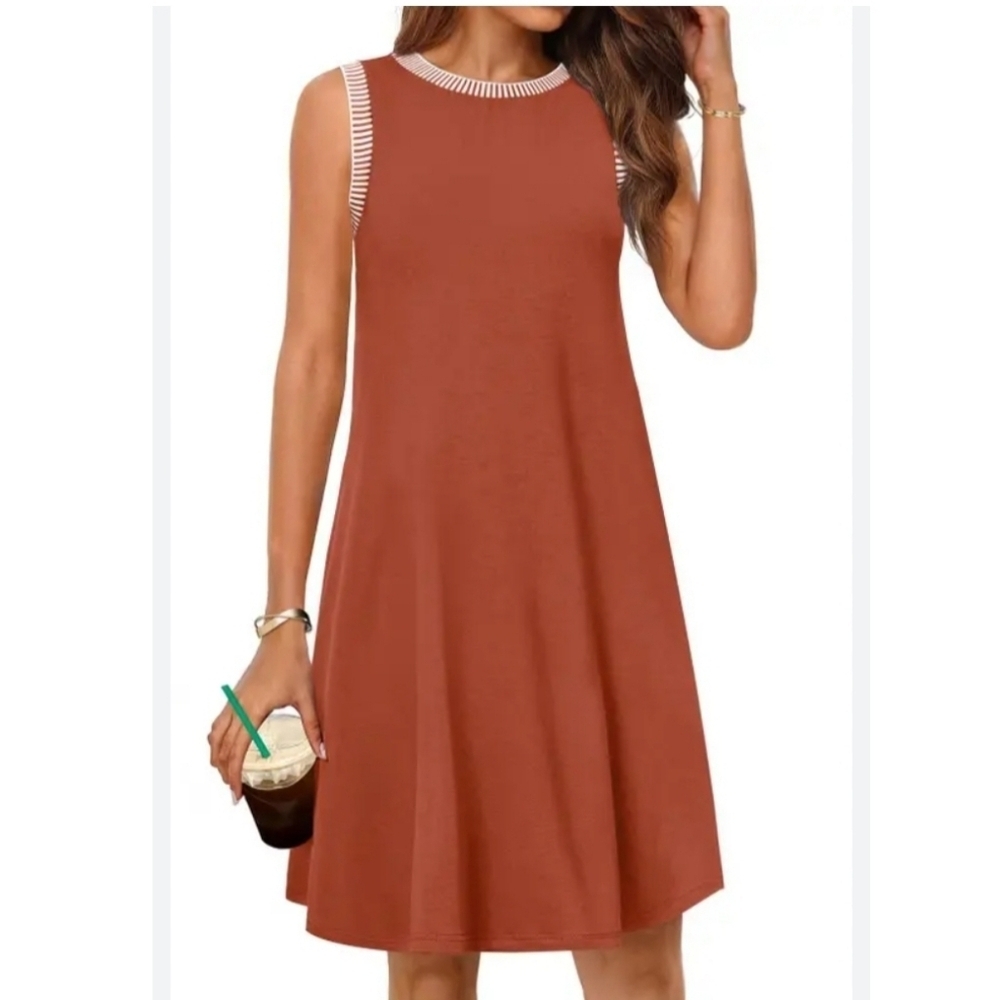 MEROKEETY Women's Stretch Sleeveless Pocketed Dress Shift Rusty Orange Rayon M - Picture 1 of 14